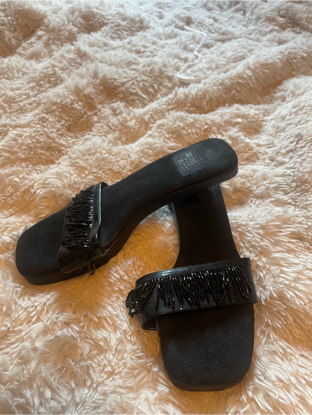 Vintage Deloris Maxine Black Beaded Fringe Slide Mules - Women